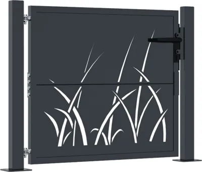 A dark grey metal garden gate with a white grass design cut out, shown against a white background.