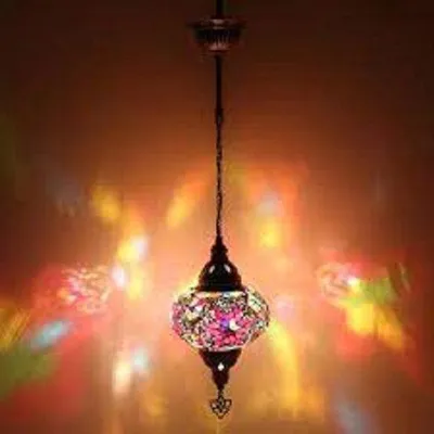 Zdjęcie produktu dla Lampa wisząca Mozaïek – ręcznie wykonana orientalna lampa turecka, średnica 19 cm, wysokość 50 cm, żarówka LED E14, wielokolorowa
