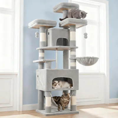 Produktbild von Katzenkratzbaum, 163 cm hoher Kratzbaum, 11 cm dicke Sisalpfosten, für große Katzen, 2 Höhlen, geräumige Plattform, Plüschball, Katzenbürste