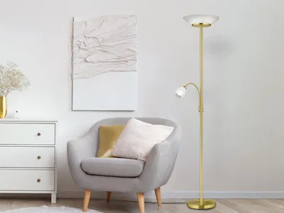 Produktbild von Deckenfluter Messing mit Leselampe, Stehlampe mit Glasschirm für Wohnzimmer Ecke