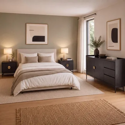 Immagine prodotto di Set per camera da letto HWC-O39, composto da: 2 comodini, 1 mobiletto contenitore, con cassetti in MDF melaminico e struttura in metallo, colore nero