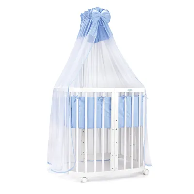 Produktbild von Mobiles Babybett aus Holz 7in1 mit Matratze, mitwachsend,Stoffe blau,Holz weiß