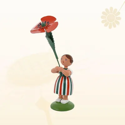 Productafbeelding van Miniatuurbeeld van een bloemenmeisje met een klaproos, hoogte 12 cm, nieuw