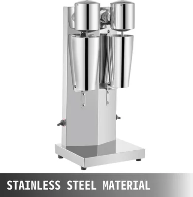 A silver, double-headed milkshake maker is shown against a white background.