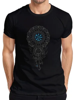 Obrázek produktu pro Pánské tričko Viking Runes Compass Vegvisir Wolf Valknut Nordic Knot, černá, 3XL
