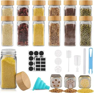 Produktbild von Famanu Kräuterpotset 12 Stück - Rechteckige Gläser mit Bambusdeckel und Streueinsatz