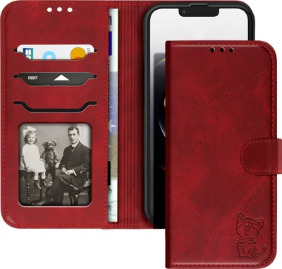 Zdjęcie produktu dla Avizar, etui na iPhone'a 16e z motywem szczęśliwego kota i podstawką, czerwone