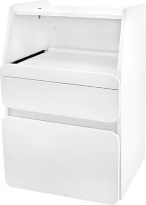 A white cosmetic cabinet with two drawers and an open shelf.