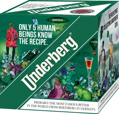 A box of Underberg Kräuterbitter with various illustrations and text.