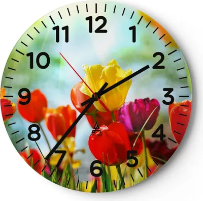 Produktbild von Wanduhr - Rund - Glasuhr - Tulpe Blume Plantage Wiese - 30x30cm - Schleichendes Uhrwerk - Lautlos - zum Aufhängen bereit - Dekoration Modern - Wanddekoration aus Glas - C4AR30x30-2566