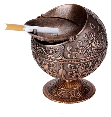 Produktbild von Winddichter Aschenbecher aus Metall mit Deckel, Vintage-Design, runde Kugelprägung (Rotbronze)