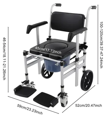 Image de Siège de douche pliable - 3 en 1 : siège de douche, siège de toilette et siège de transport - En aluminium - Avec roulettes - Pour personnes âgées et personnes handicapées