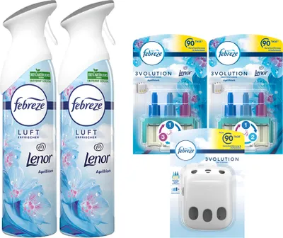 Produktbild von Febreze Set Aprilfrische 2 x 185ml Lufterfrischer Spray & 1x 3Volution Duftstecker Gerät incl. 2 x 20ml Flacon