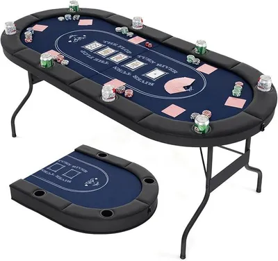Produktbild von Pokertisch klappbar für 8 Spieler, Spieltisch mit Getränkehaltern und gepolsterter Armauflage, Casino Pokertisch für Blackjack, Texas Hold'em (Blau)