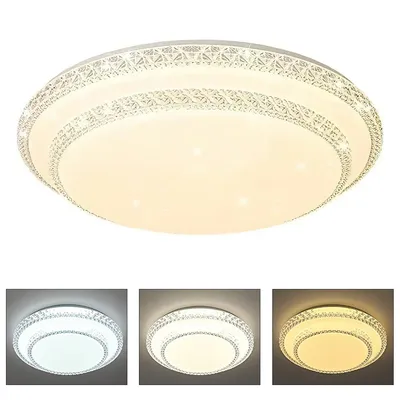 A round, flush-mount ceiling light with a decorative, patterned rim and a frosted diffuser. Three smaller images below show the light in different color temperatures.