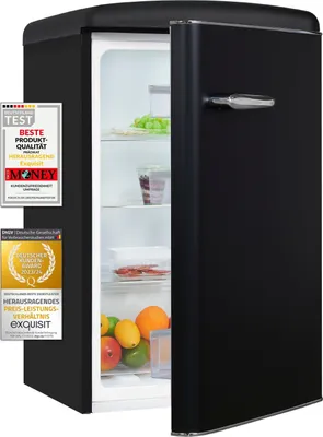 A black retro-style refrigerator with its door slightly ajar, revealing shelves stocked with food items and fruits. Several award badges are affixed to the left side of the refrigerator.
