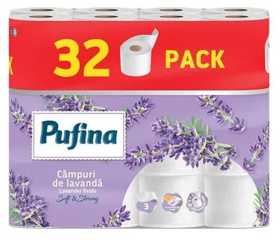Toaletný papier, 3-vrstvový, malý kotúč, 32 kotúčov, PUFINA "Lavender Fields", s vôňou levandule