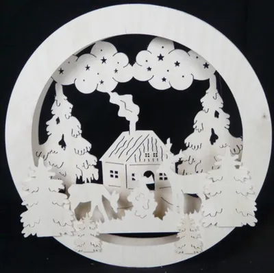 Zdjęcie produktu dla Obraz okienny z domkiem, jeleniami i oświetleniem, szer. x wys. x gł. 32 x 32 x 4 cm, NOWY