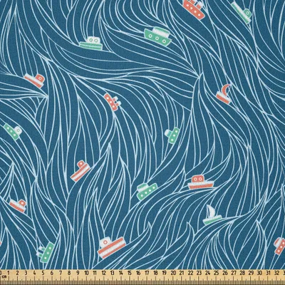 Produktbild von ABAKUHAUS Nautisch Microfaser Stoff als Meterware , Wellen Schiffe Cartoon Nautische Segelboot Urlaub Reisen Muster, 10 M (230 x 1000 cm), Petrolblau Jadegrün