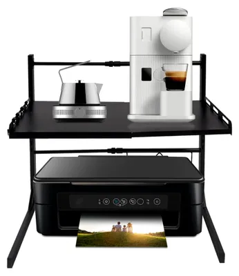 Produktbild von Erweiterbares Mikrowellenregal, 2-stufiges Regal mit 4 Haken, ausziehbares Eckregal für Küchen, Wohnzimmer und Büros (Schwarz)