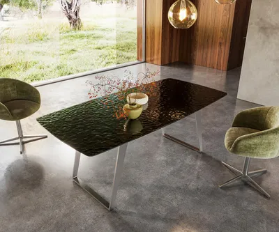 Produktbild von DELIFE Esstisch Edge Boot 200x100 Reliefglas Rauchschwarz 3D-Design Edelstahl Schräg