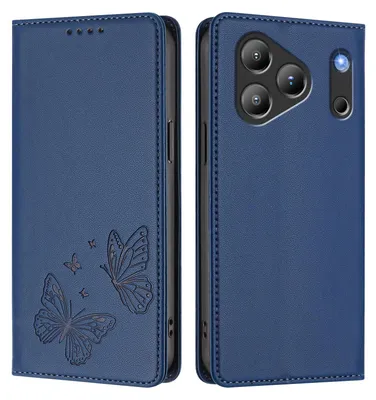 Produktbild von Lederhülle für Blackview Wave 7C, Schmetterling Prägung Leder Brieftasche Schutzhülle mit Ständer Dunkelblau