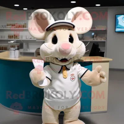 Produktbild von Cremefarbener REDBROKOLY Maus Maskottchen Kostüm charakter bekleidet mit einem Polo-Shirt und Stirnbändern