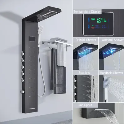 Produktbild von LED svetlo Sprchový kohútik Kúpeľňa SPA Masážny tryskový sprchový stĺp Systém vodopádu Dažďový sprchový panel Bidet Sprayer Tap, čierny