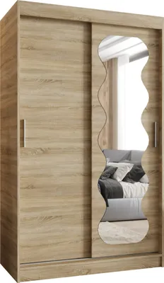 Produktbild von MEBLE KRYSPOL SPOTI 120 Kleiderschrank mit zwei Schiebetüren für Schlafzimmer – moderner Aufbewahrungsschrank mit Kleiderstange und Regalen – 120x200x62cm - Sonoma