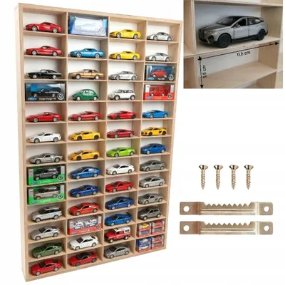 Produktbild von Wandregal für 52 Modellautos 1:32, hängende Sammlervitrine für Spielzeugautos Modellauto-Vitrine für 52 Autos im Maßstab 1:32, Holzregal hängend