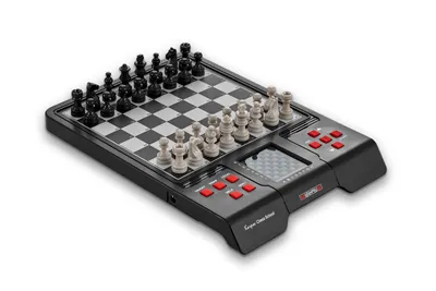 A digital chess board with pieces set up for a game.