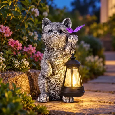 Katzenfigur mit Solar-Laterne, wetterfest, grau, 1 Stück