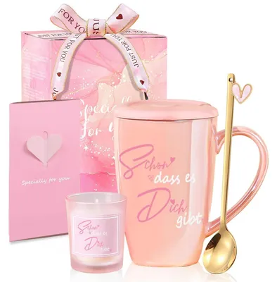 Productafbeelding van Koffiekop van keramiek, roze, 460 ml, met lepel, cadeauverpakking