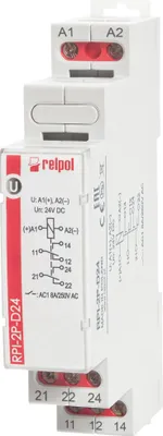 Obrázek produktu pro Elektromagnetická relé v instalačním modulu pro domácnost, šířka 17,5 mm, svorky: 2P (spínací), zatížitelnost: 8A, napětí cívky: 24VDC, materiál AgSnO2Elektromagnetická relé v instalačním modulu pro domácnost, šířka 17,5 mm, svorky: 1P (spínací), zatížitelnost: 16A, napětí cívky: 115VAC, mate RPI-2P-D24 RELPOL