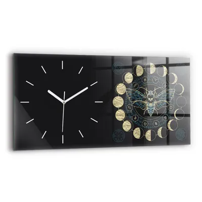 Produktbild von Wallfluent Wanduhr – Stilles Quarzuhrwerk - Uhr Dekoration Wohnzimmer Schlafzimmer Küche - Zifferblatt mit Strichen - weiße Zeiger - 60x30 cm - Mondphasen und Insekten