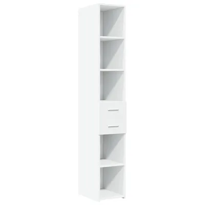 A tall, narrow white bookshelf with four open shelves and two drawers at the bottom, presented against a plain white background.