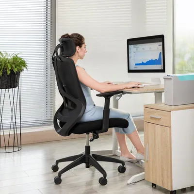 Obrázok produktu pre Kancelárska stolička - Stolička do pracovne - Herná stolička - Ergonomický dizajn - Nastaviteľná bedrová opierka - Čierna