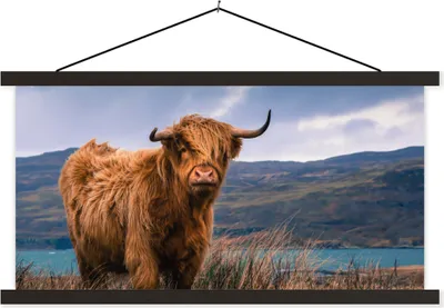 Produktbild von MuchoWow® Textilposter Schottisches Hochlandrind - Berg - Wasser - Natur - Kuh 90x45 cm mit schwarzem Rahmen - Klemmleisten