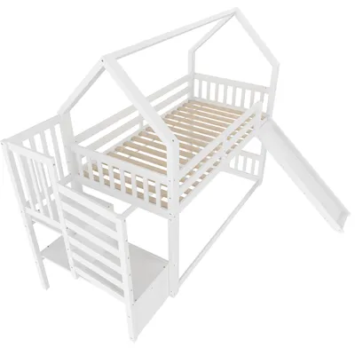 Produktbild von okwish Etagenbett Holzbett 90x200cm, Heimbett mit Stauraumtreppe und Rutschen, Kinderbett mit Geländer für Kinder und Jugendliche, weiß-Ohne Matratze