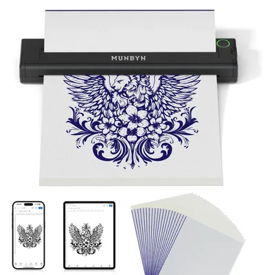 Produktbild von MUNBYN Tattoo Drucker Bluetooth, Stencil Drucker, Tattoo Printer Thermodrucker mit 20 Blatt A4 Transferpapier, Kompatibel mit Android iOS macOS Windows, ITP05, Schwarz