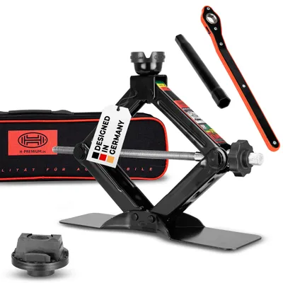 Obrázek produktu pro Zvedák HEYNER® typu nůžky 1,5 t + individuální gumová podložka pro Mercedes, výškově nastavitelný 116–397 mm, otočný sedlo, včetně komfortního prodloužení, sada s ráčnou, taška,  a GS