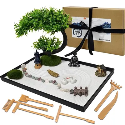 Produktbild von Zen-Garten, Zen-Garten im Miniaturformat – Mit Holztablett, Zen-Sand und Sandharke – Für Meditation und Entspannung – Dekoration für den Schreibtisch
