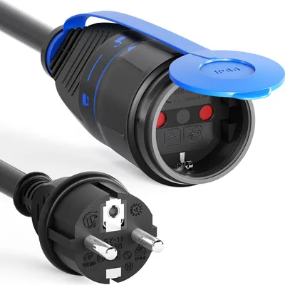 A close-up shot of a black and blue outdoor extension cord with a plug and socket.