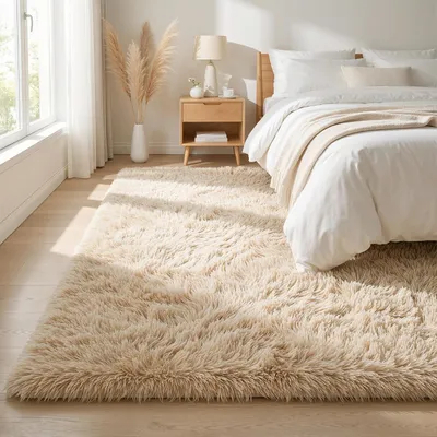 Produktbild von Wohnzimmer Teppich 140x200 cm, hochfloriger Shaggy-Teppich, weicher Kunstfell-Teppich, nicht fusselnd, flauschiger Teppich für Schlafzimmer, Beige