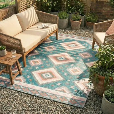 Produktbild von Volero - Outdoor Teppich Boho - Vedra Aztec Blau - 200x290 cm - Garten, Terrasse - Boho, Klassik, Industrielle, Modern, Skandinavisch, Retro