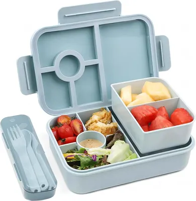 Produktbild von Bugucat Brotdose Kinder 1300ML mit 5 Fächern und Besteckset Blau