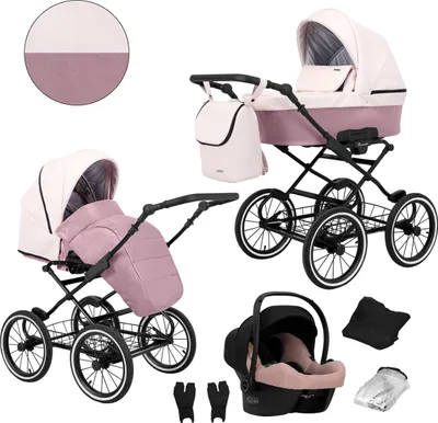 Produktbild von Kinderwagen ROMANTIC Sportwagen Babywagen Babyschale Komplettset Kinder Wagen Set 3 in 1 (ROM-15, Rahmenfarbe: Schwarz)