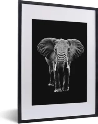 Produktbild von MuchoWow® Gerahmtes Poster Elefant mit großen Ohren vor schwarzem Hintergrund - schwarz und weiß 30x40 cm - Poster mit Schwarzem Bilderrahmen Wandposter Rahmen Foto Bilder - Wandposter Schlafzimmer