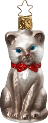 Produktbild von Christbaumschmuck Katze mit Schleife 8,5cm Glas Figur Grau