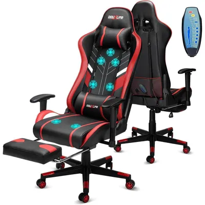 Productafbeelding van Gaming stoel met 7 massagezones en voetsteun, ergonomisch ontwerp, verstelbaar van 90 tot 175°, draagvermogen 180 kg, zwart en rood